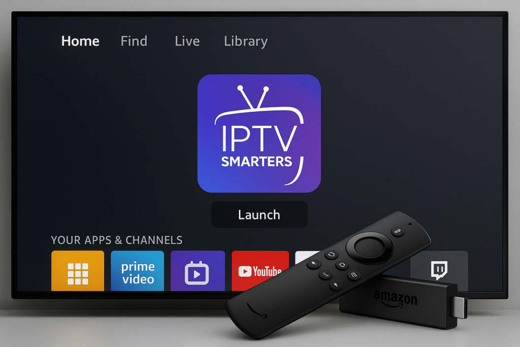 Écran d'accueil Firestick montrant l'application IPTV Smarters Pro installée, illustrant comment installer IPTV Smarters Pro sur Firestick en 2025
