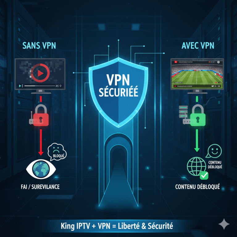Infographie illustrant les avantages d'un VPN pour IPTV, protégeant contre le bridage FAI et débloquant les contenus, avec un bouclier VPN Sécurisée au centre et des logos de King IPTV.