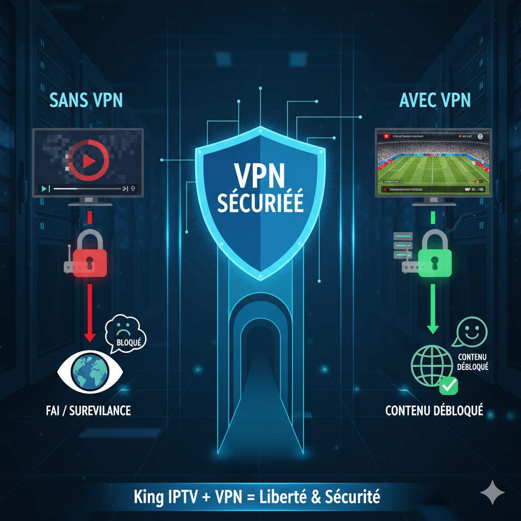 Infographie illustrant les avantages d'un VPN pour IPTV, protégeant contre le bridage FAI et débloquant les contenus, avec un bouclier VPN Sécurisée au centre et des logos de King IPTV.